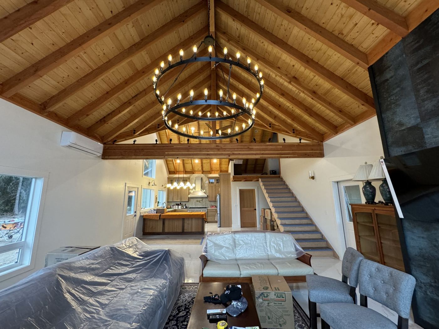 Exposed trusses over the great room