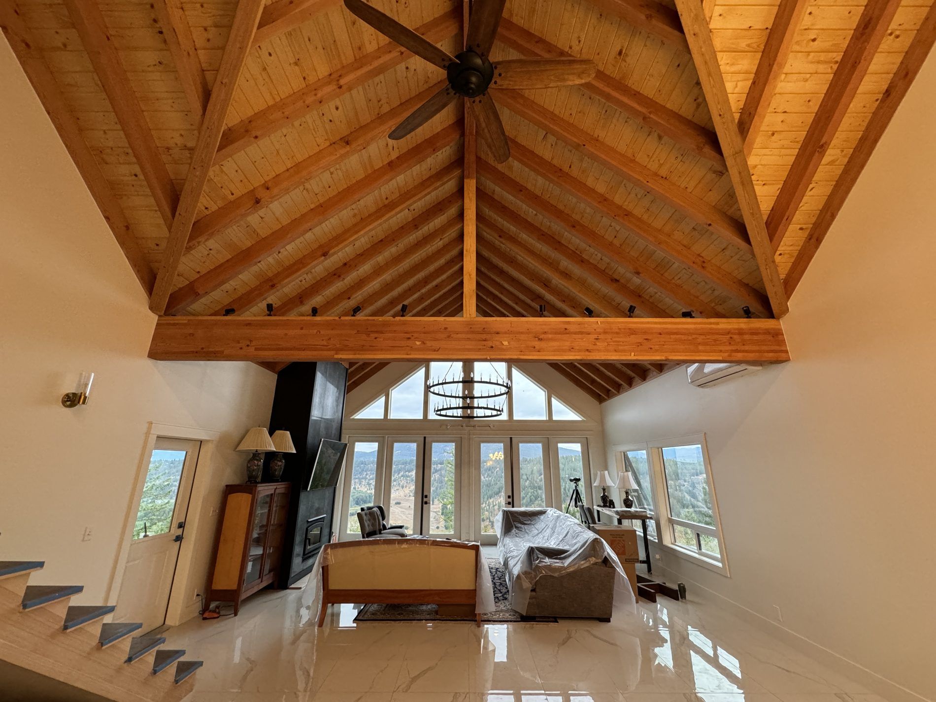 Great room with exposed timber trusses