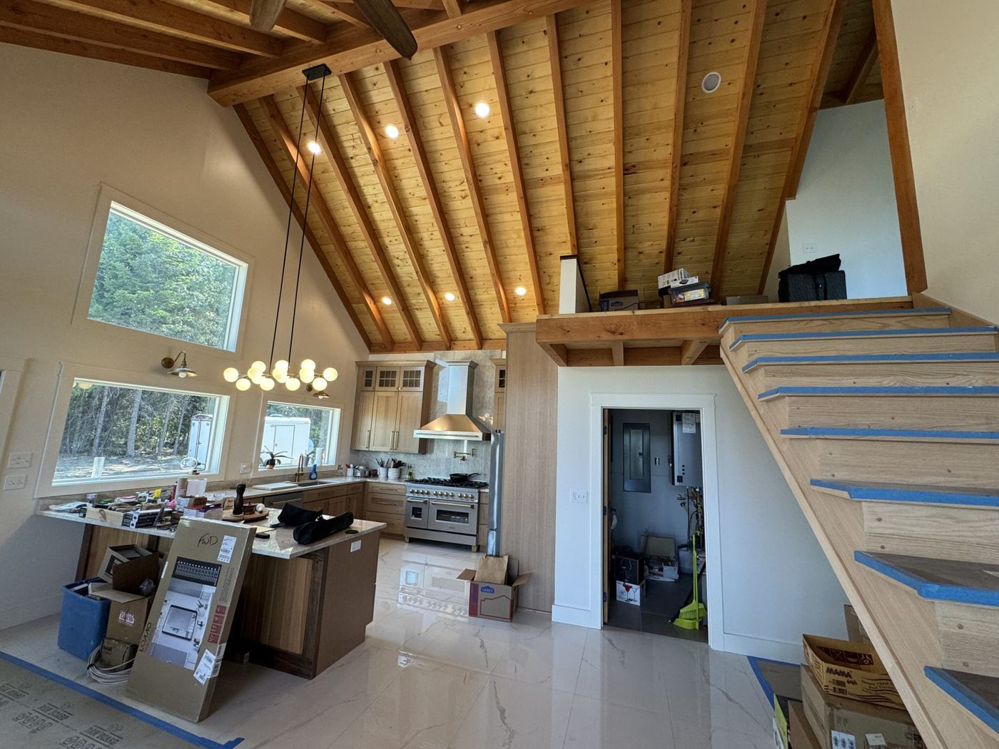 Kitchen and stair under the timber ceiling