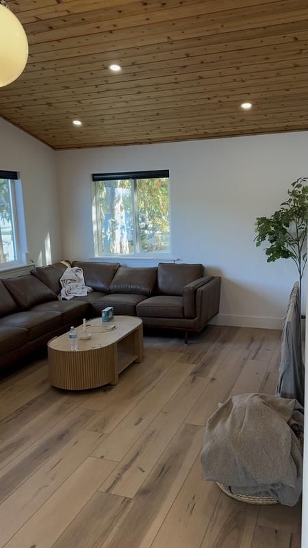 Living room under a wood ceiling